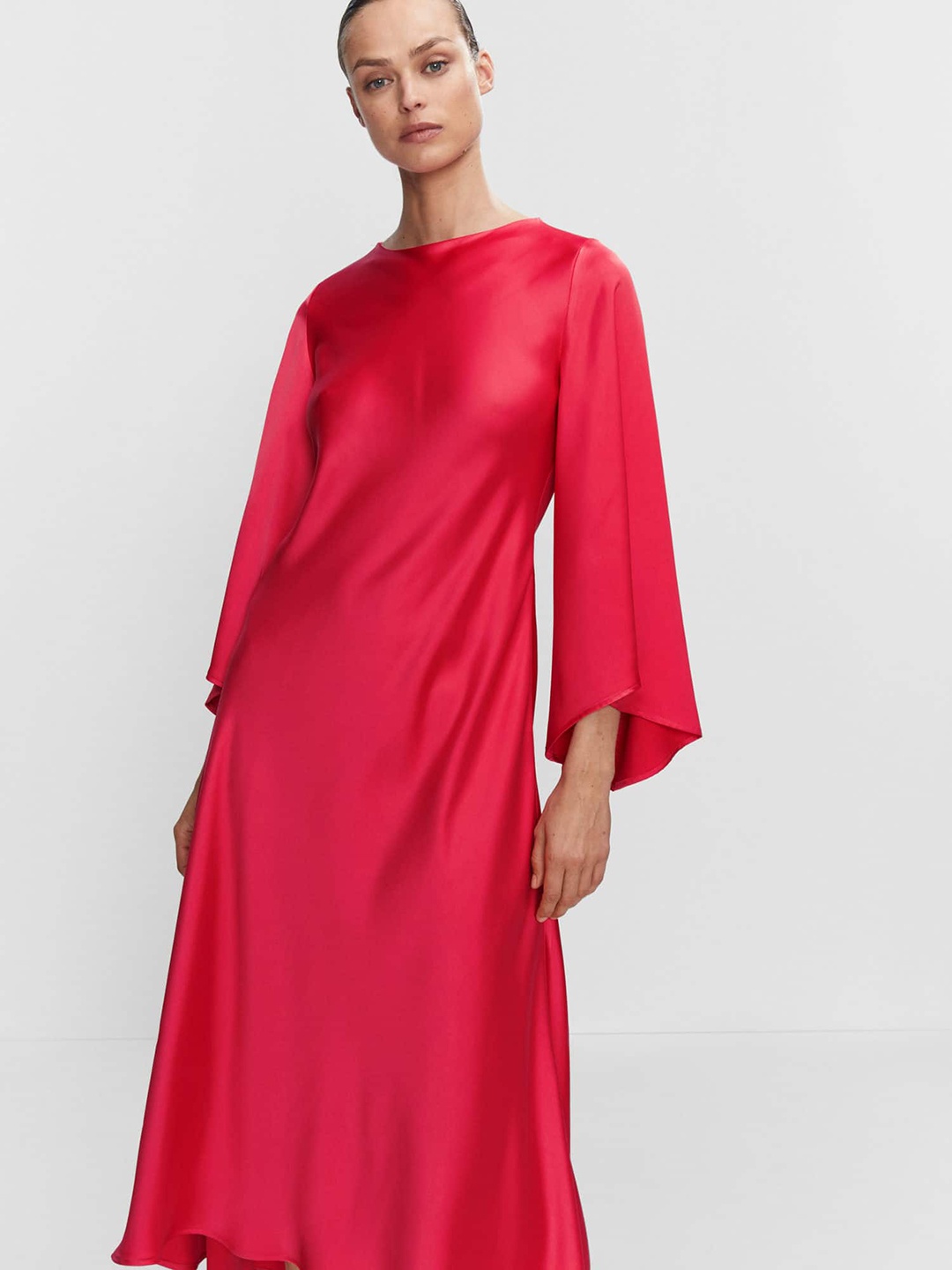 

MANGO Satin Finish Flared Sleeves A-Line Midi Dress, Red