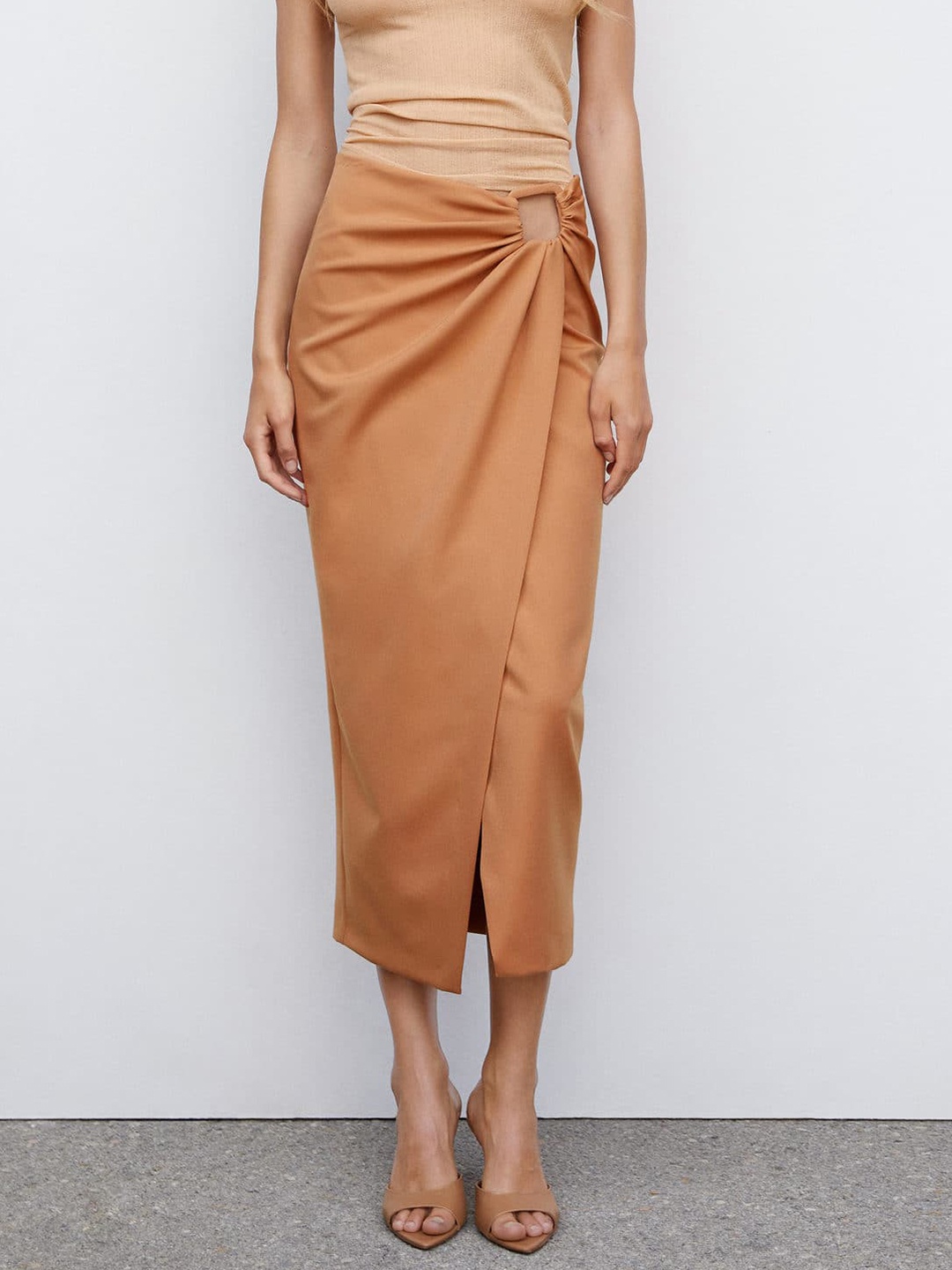 

MANGO Solid Cut-Out Midi Wrap Skirt, Mustard