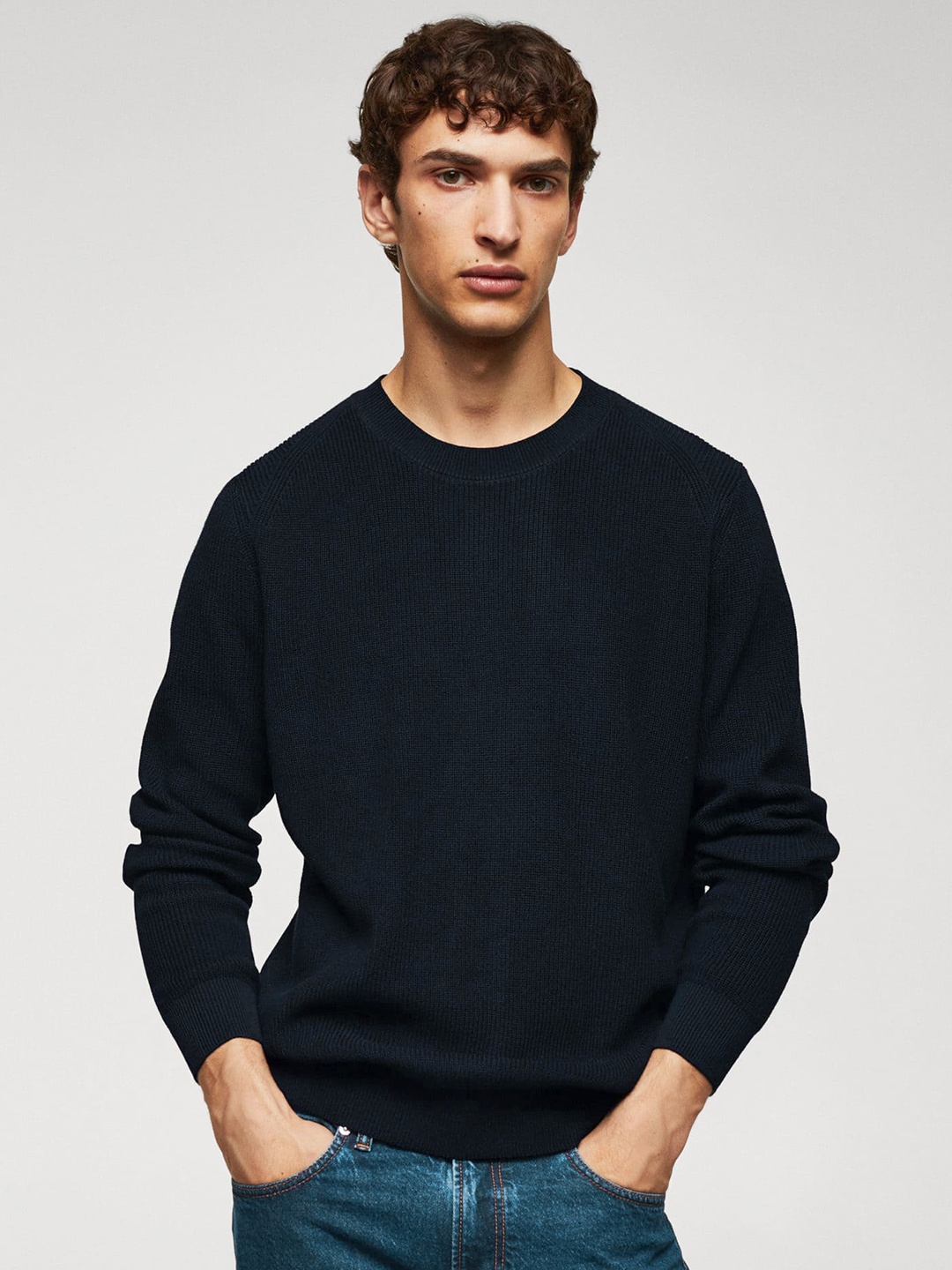 

MANGO MAN Solid Pullover, Navy blue