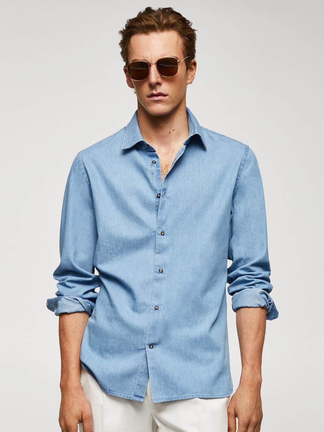 

MANGO MAN Pure Cotton Chambray Casual Shirt, Blue