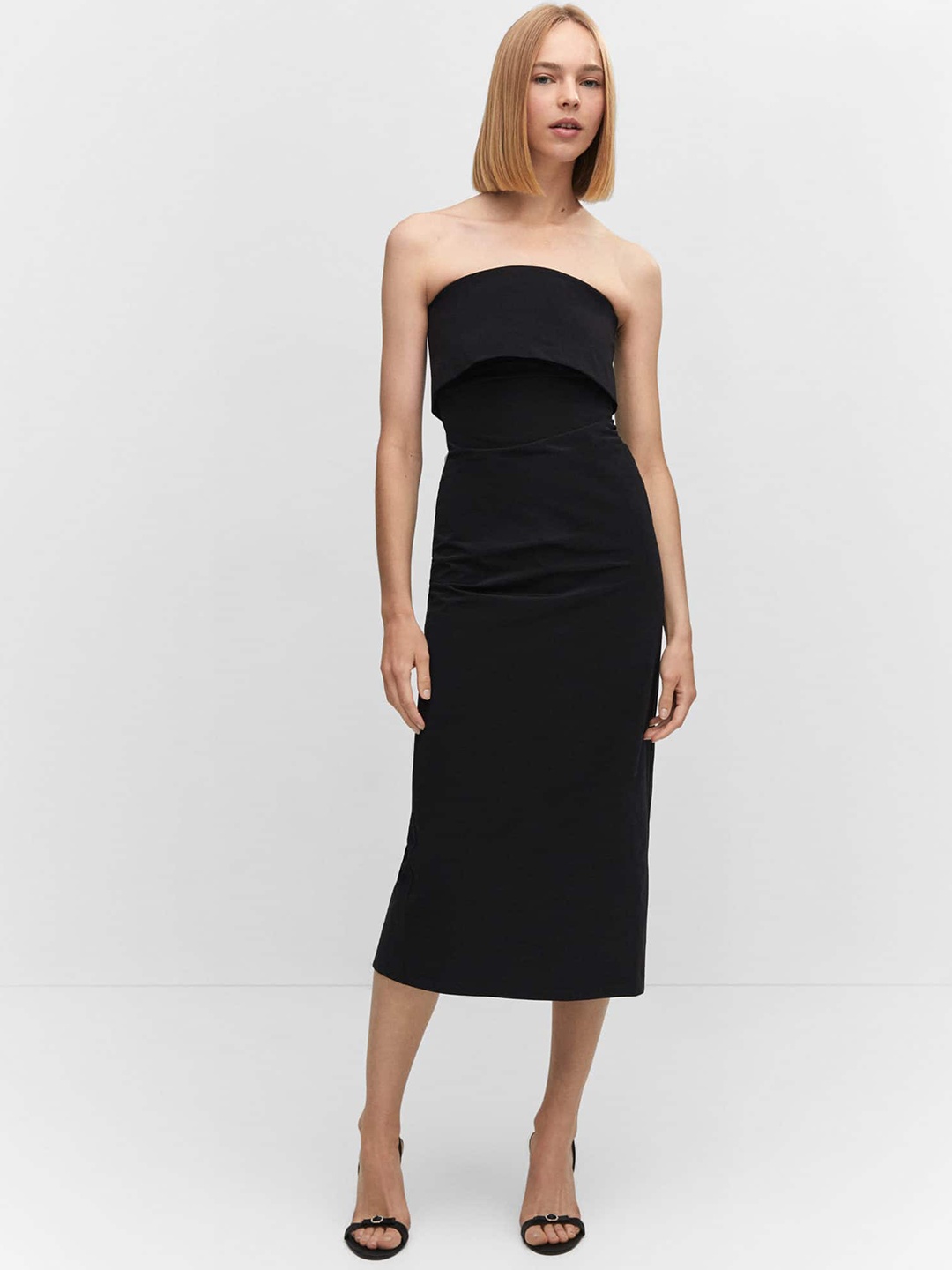 

MANGO Strapless Sheath Midi Dress, Black