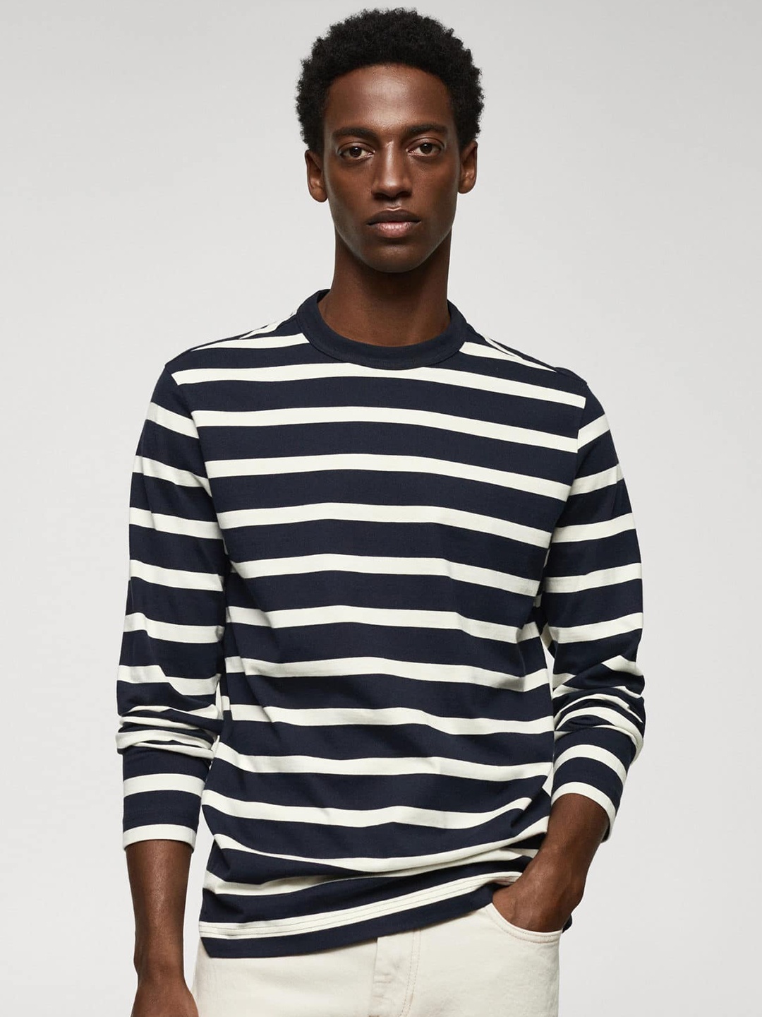 

MANGO MAN Striped Pure Cotton T-shirt, Navy blue