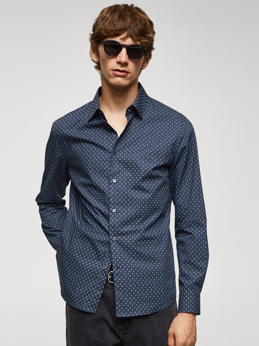 

MANGO MAN Printed Pure Cotton Casual Shirt, Navy blue