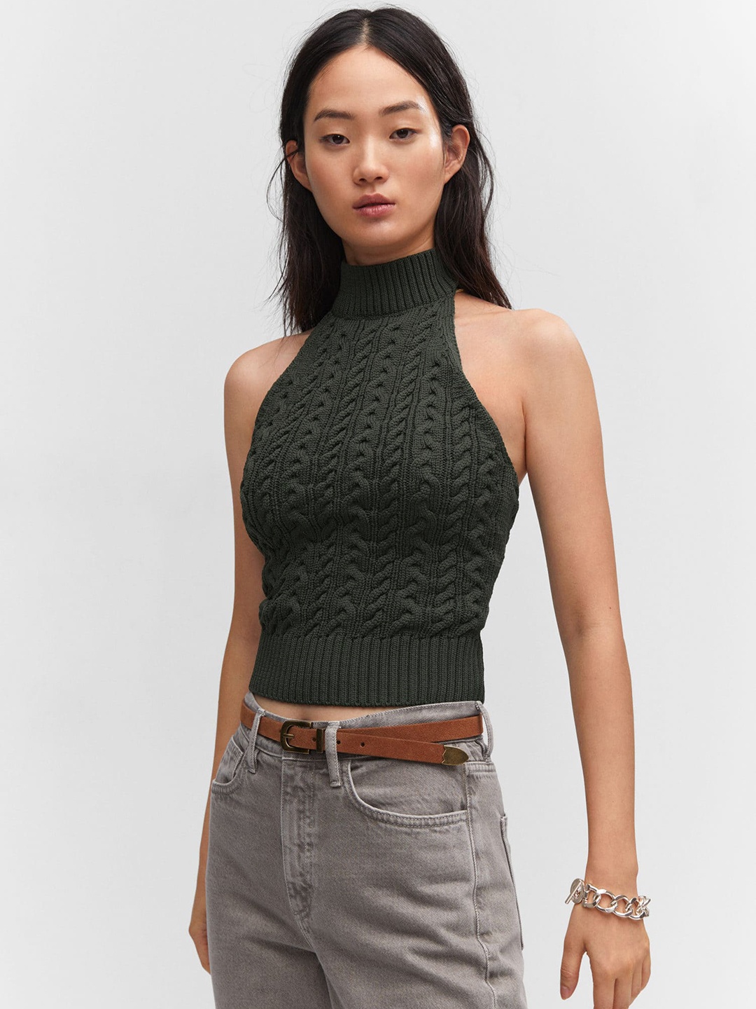 

MANGO Halter Neck Self Design Knitted Top, Olive