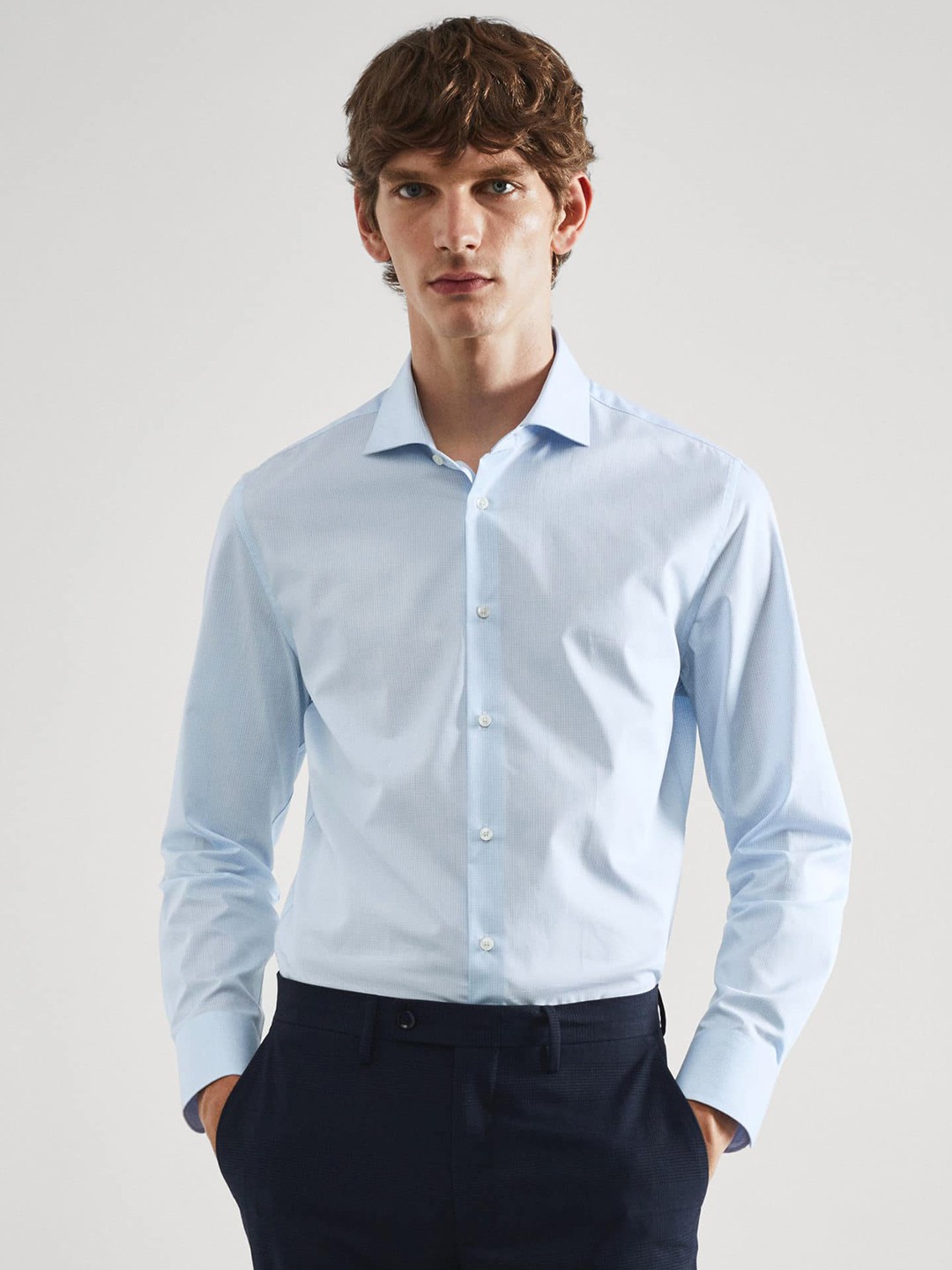 

MANGO MAN Micro Checks Pure Cotton Formal Shirt, Blue