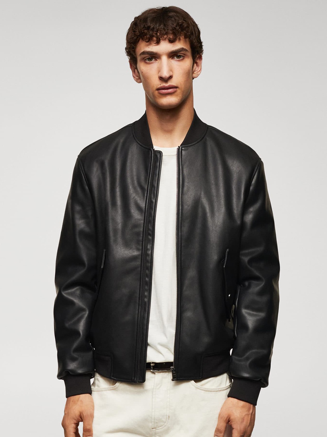 

MANGO MAN Faux Leather Bomber Jacket, Black