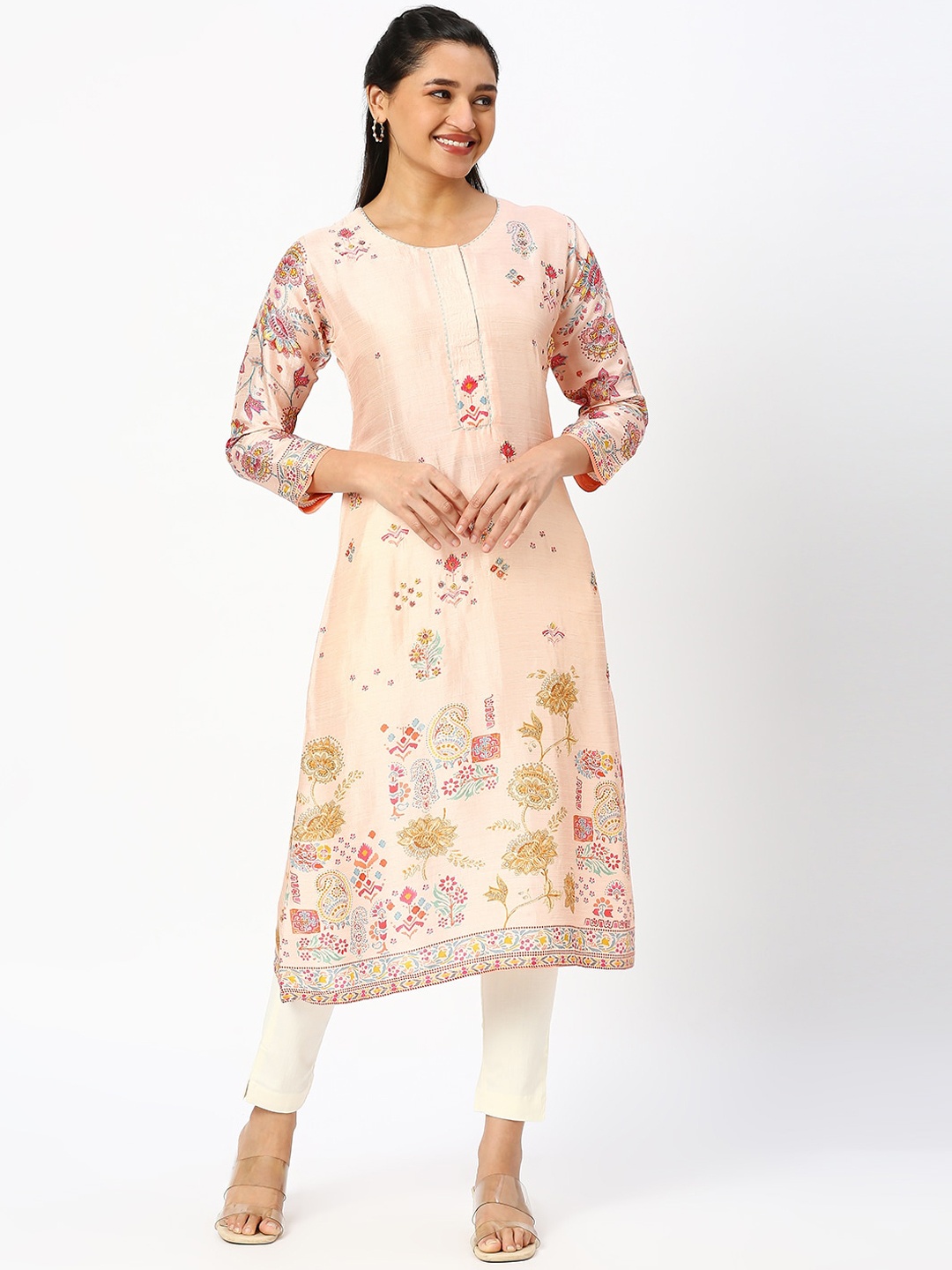 

DRESSLINE Ethnic Motifs Printed Kurta, Peach