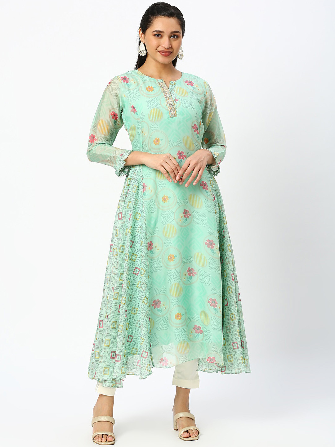 

DRESSLINE Geometric Printed Thread Work Pure Organza Anarkali Kurta, Green