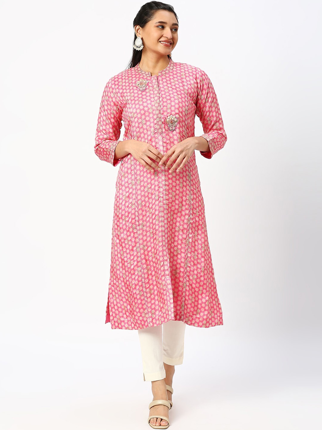 

DRESSLINE Geometric Woven Design Mandarin Collar Beads & Stones Kurta, Pink