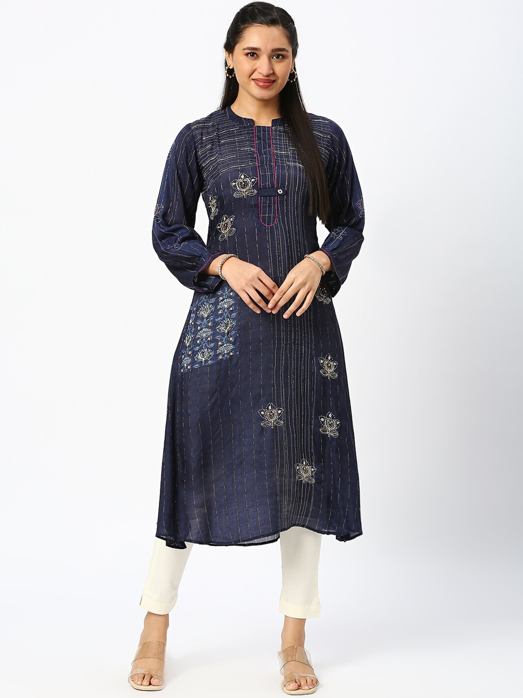 

DRESSLINE Floral Embroidered A-Line Kurta, Blue