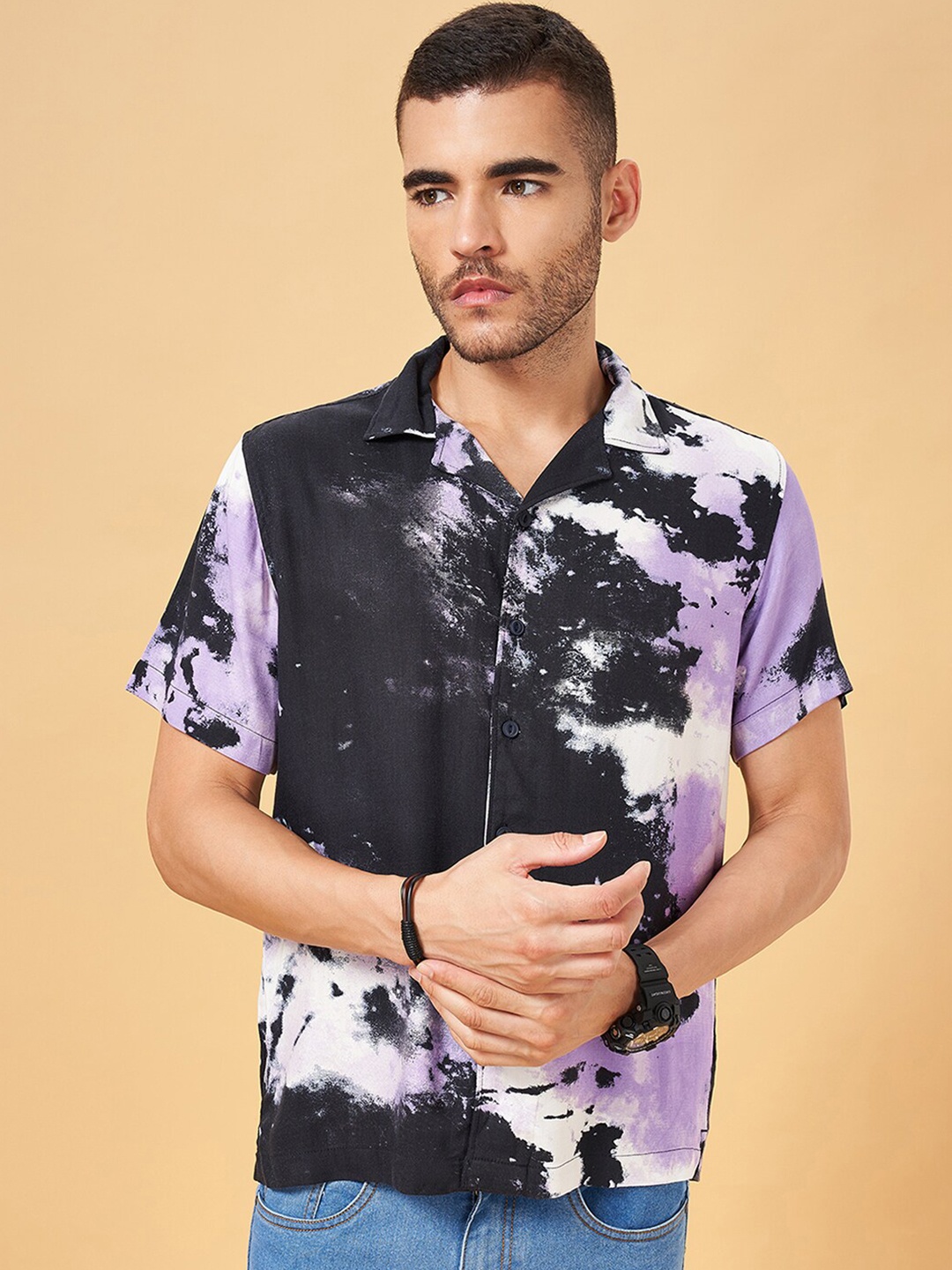 

People Slim Fit Abstract Printed Casual Shirt, Navy blue