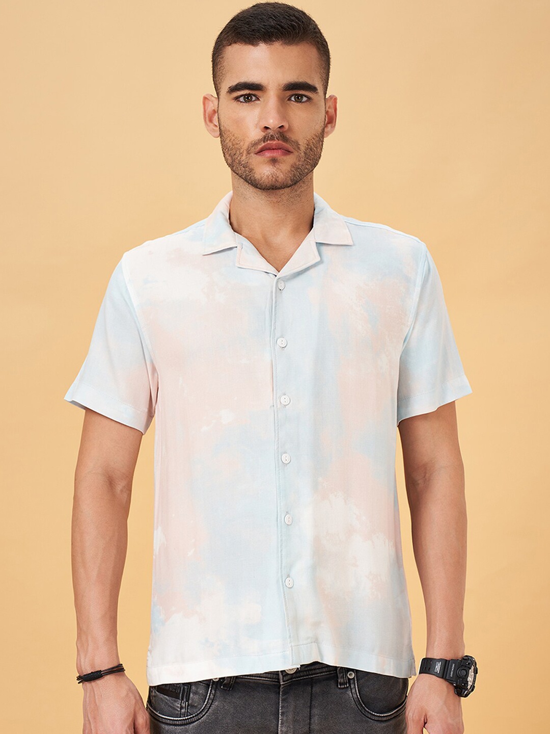 

People Slim Fit Absreact Printed Club Collar Casual Shirt, White