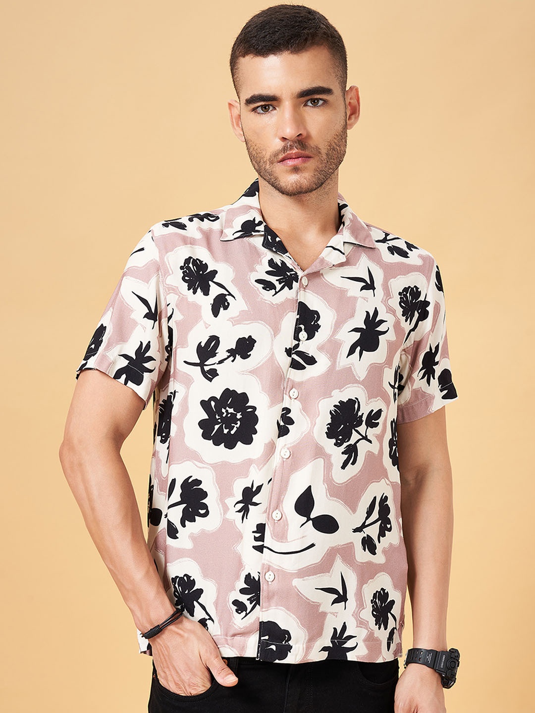 

People Slim Fit Floral Printed Casual Shirt, Pink