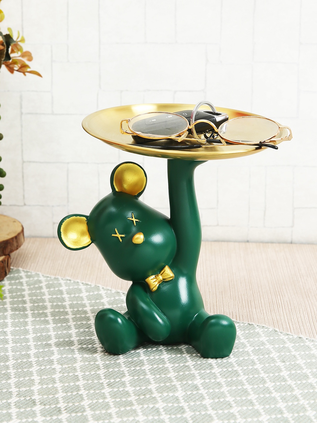 

TIED RIBBONS Bear Statue with Tray Organizer Statue Showpiece, Green