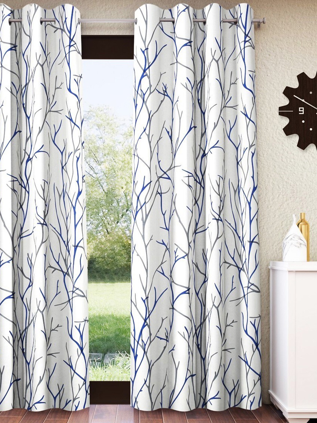 

Home Sizzler White & Blue Floral Room Darkening Door Curtain