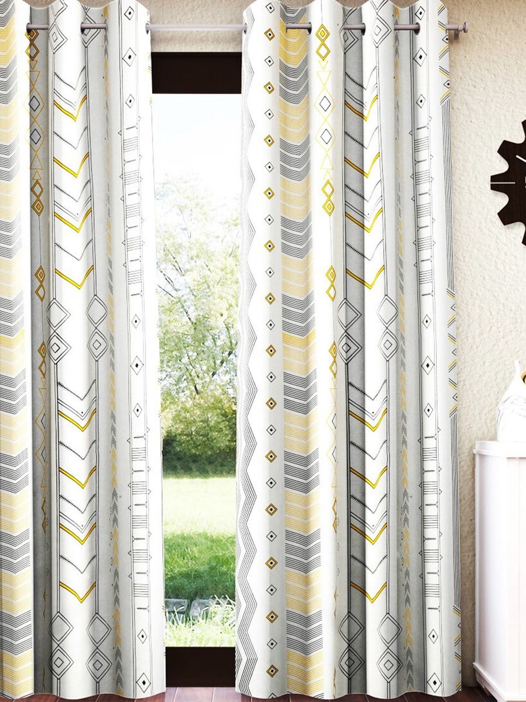 

Home Sizzler White & Yellow Geometric Room Darkening Door Curtain