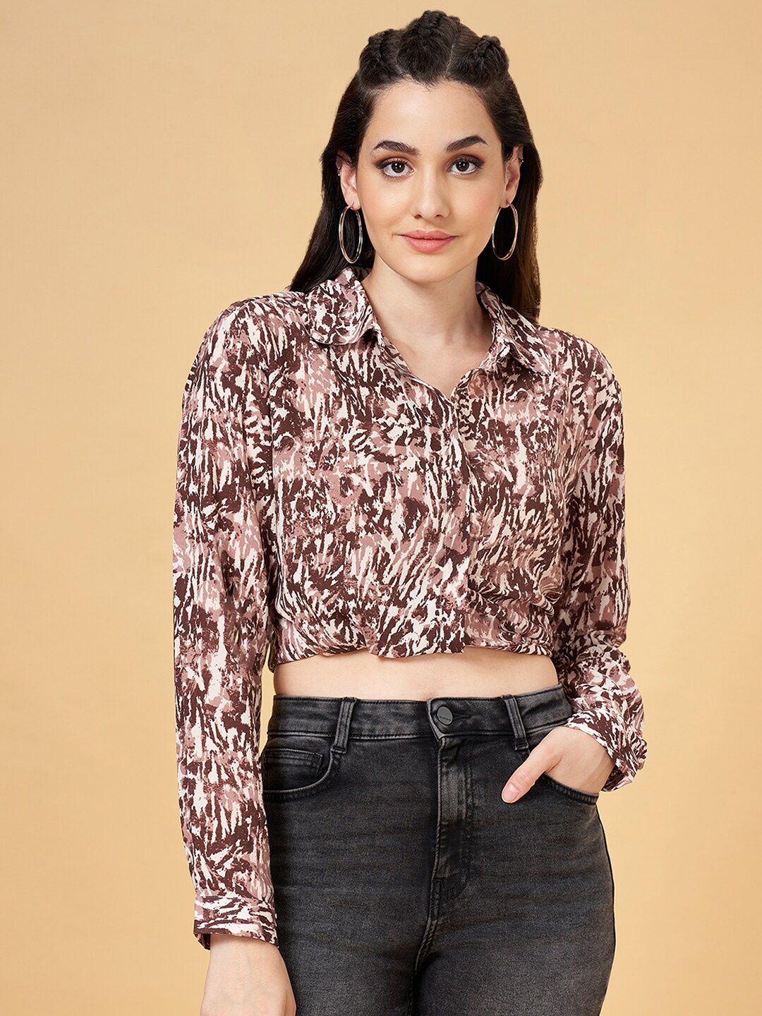 

SF JEANS by Pantaloons Abstract Printed Crop Casual Shirt, Brown