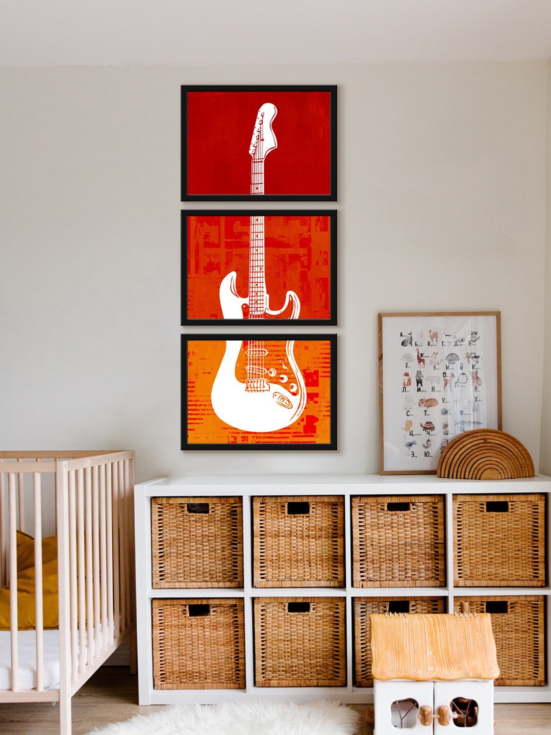 

999Store 3-Pcs Red & White Guitar With Abstract Background Painting Framed Wall Art