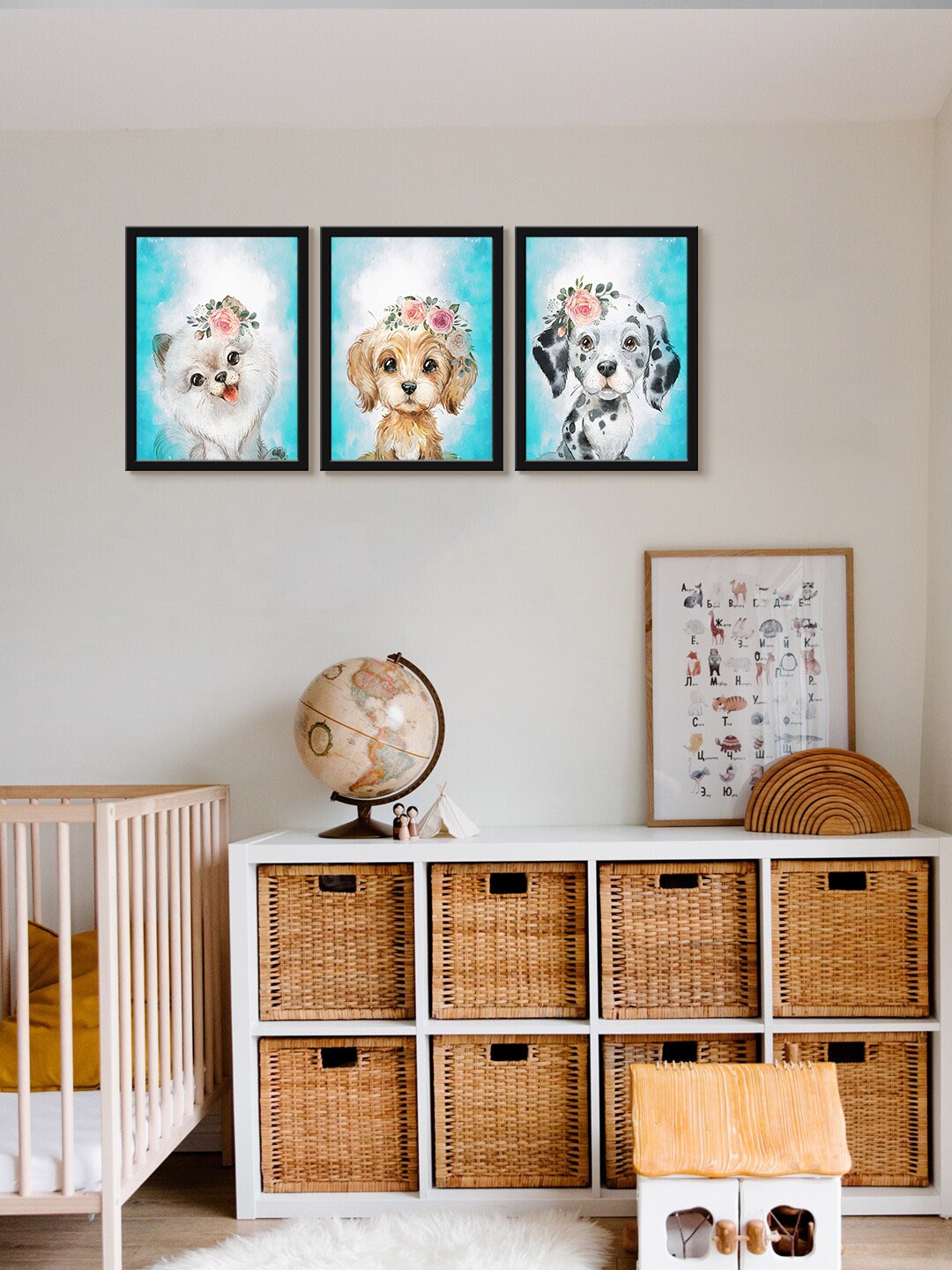 

999Store Blue & White 3 Pieces Different Face Of Dog Printed UV Coating Wall Art