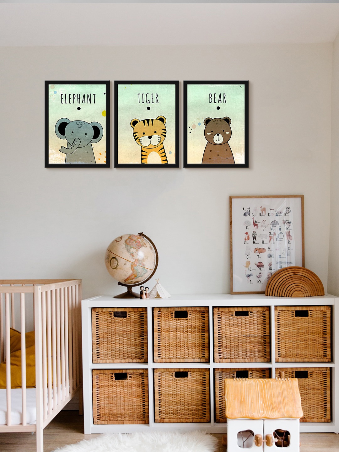 

999Store 3-Pcs Yellow & Blue Elephant Tiger Bear Face Painting Framed Wall Art
