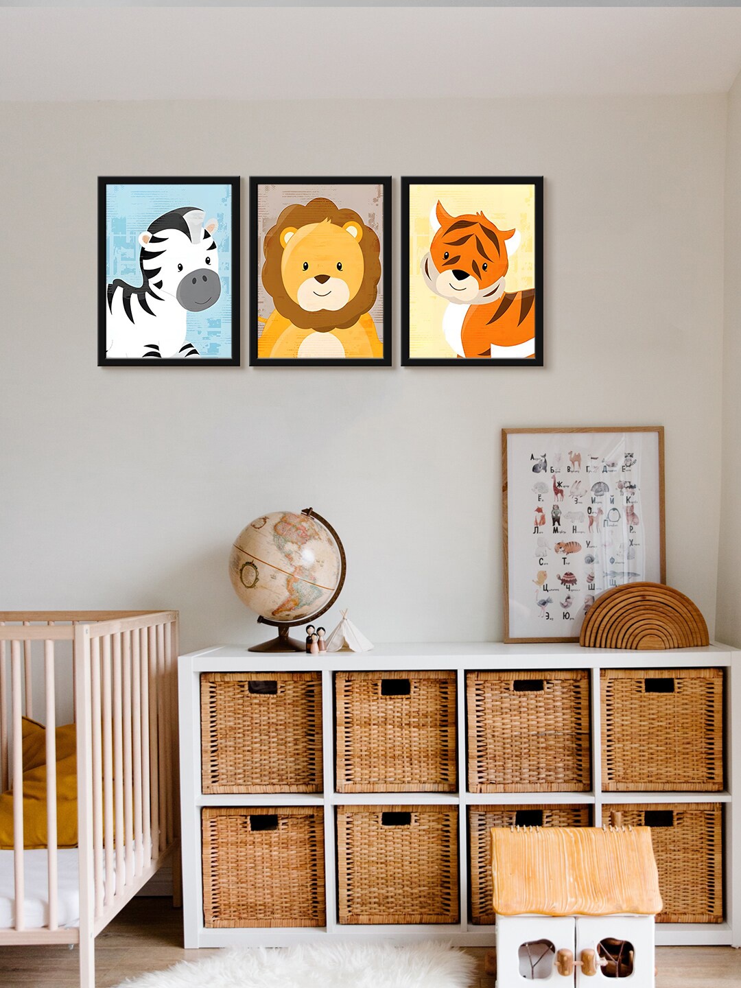 

999Store 3-Pcs Yellow & Blue Animals Painting Framed Wall Art