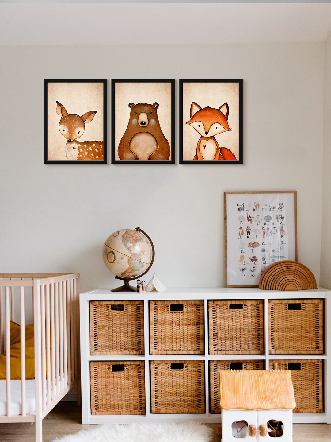 

999Store 3 Pcs Brown & Beige Animals UV Coating Canvas Painting Framed Wall Art
