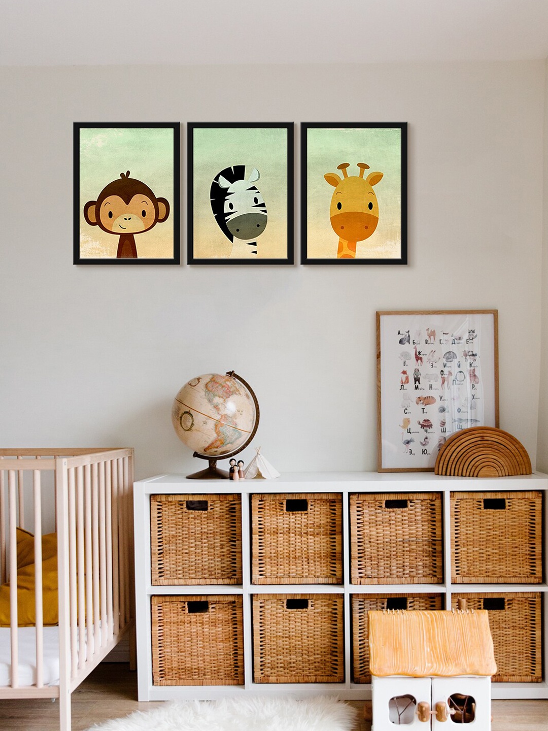 

999Store 3-Pcs Green & Brown Cartoon Animals Canvas Painting Framed Wall Art