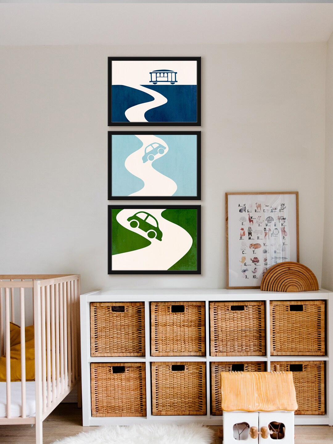 

999Store Blue And Green 3 Pieces Cable Car With Nursery Cars Canvas Wall Painting
