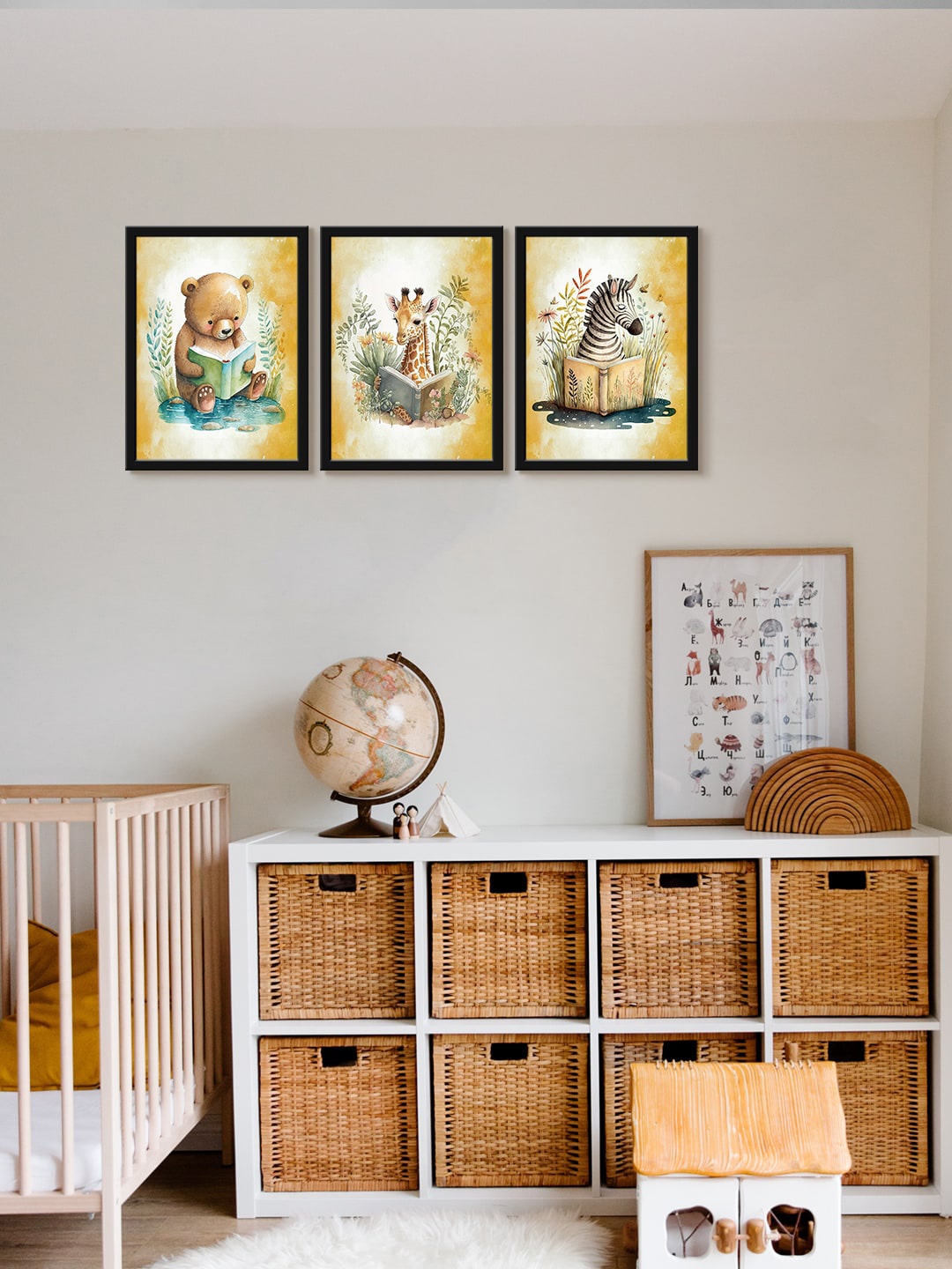 

999Store 3-Pcs White & Brown Animals Reading Book Painting Framed Wall Art