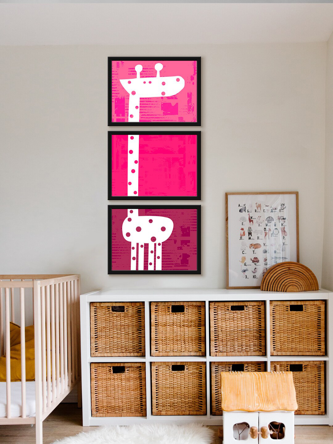 

999Store 3-Pcs Pink & White Cartoon Giraffe Canvas Painting Framed Wall Art