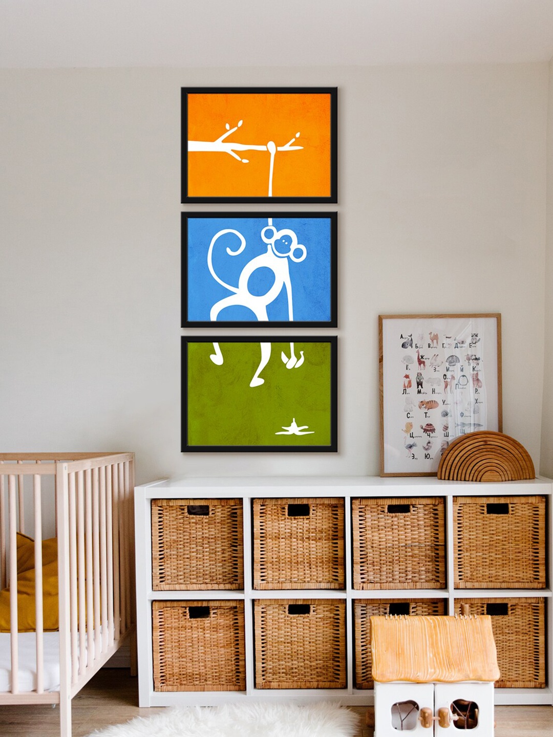 

999Store Orange & Blue 3-Pieces Flying Monkey With Banana Printed Canvas Wall Art