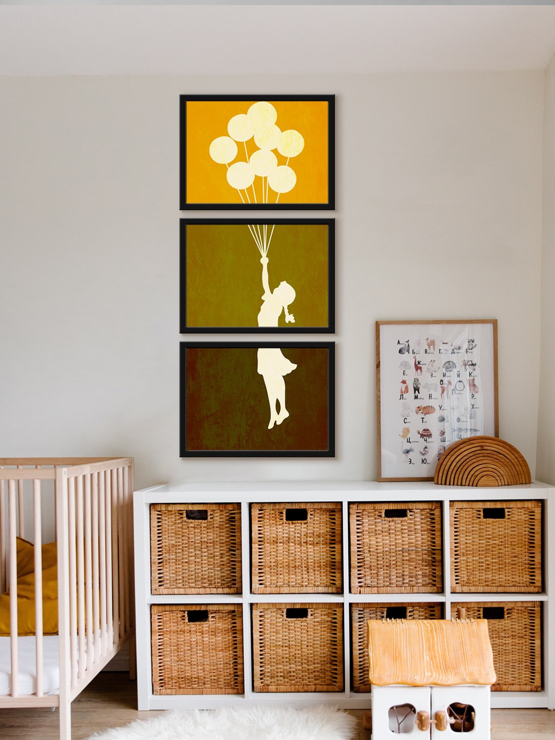 999Store 3-Pcs Orange & Brown Girl Flying Balloon Painting Framed Wall Art