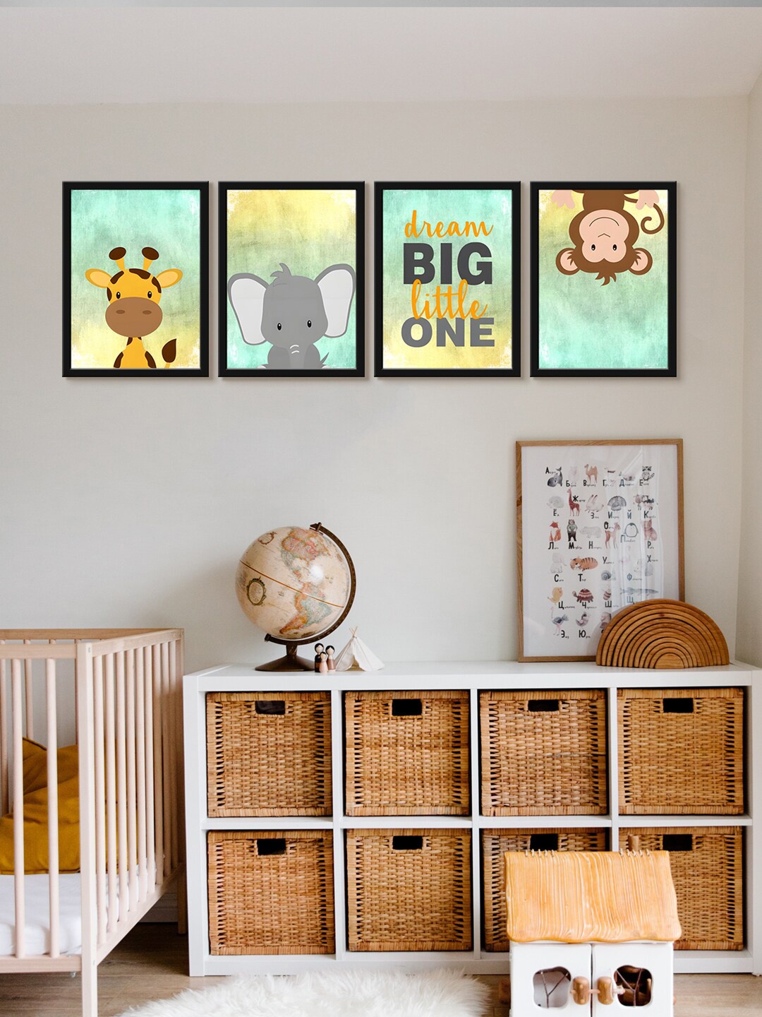 

999Store 4-Pcs Blue & Yellow Quotes with Animals Canvas Painting Framed Wall Art