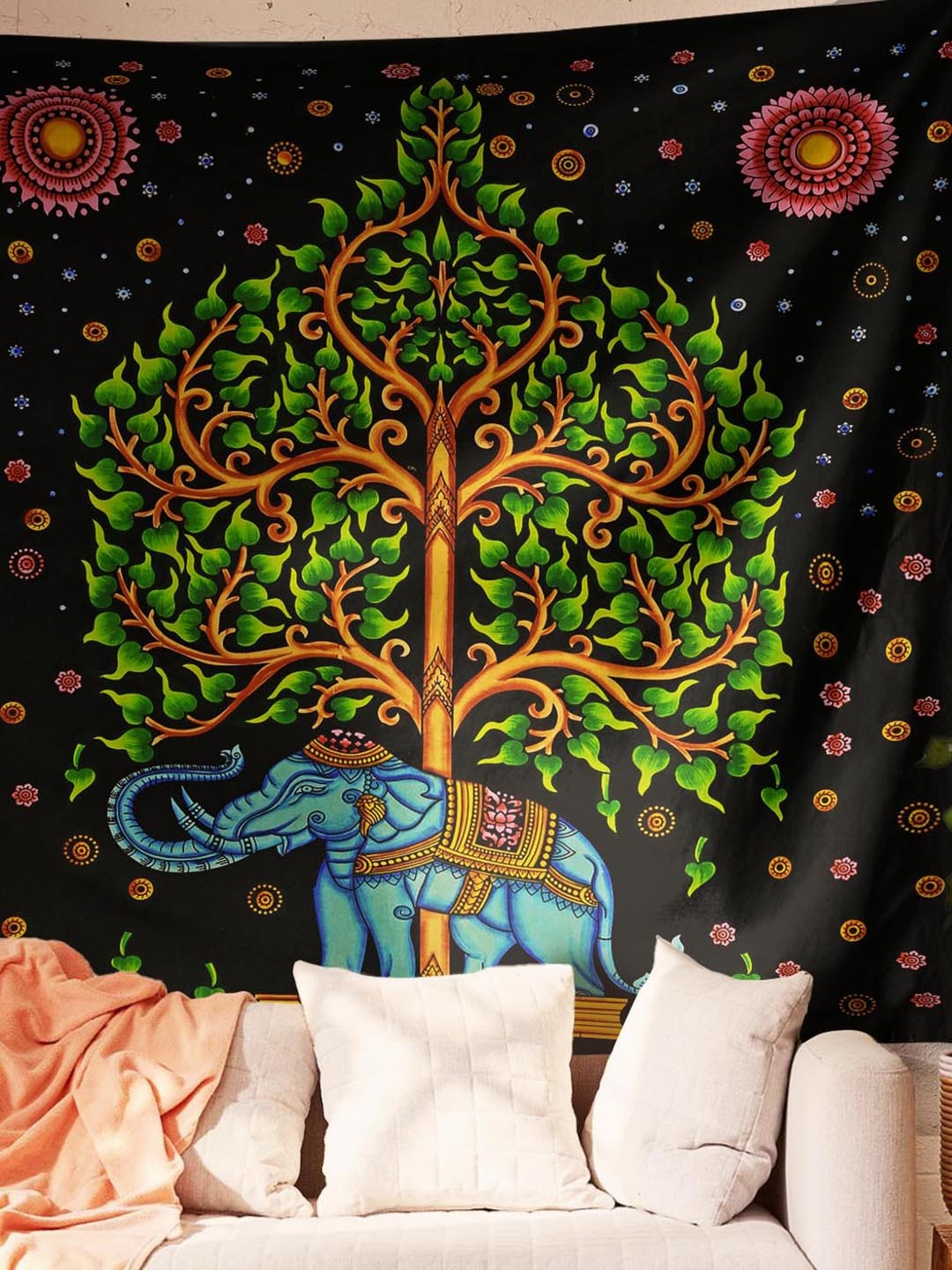 

SheetKart Multicolour Elephant Tree Printed Cotton Wall Hanging Tapestry, Black