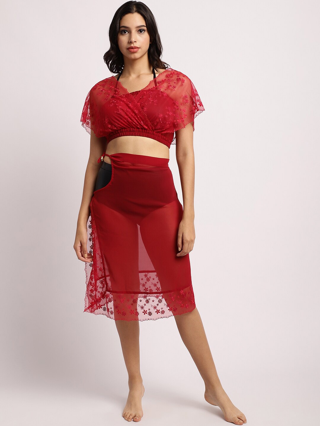 

EROTISSCH Embroidered Sheer Crop Top & Skirt Swim Set, Red
