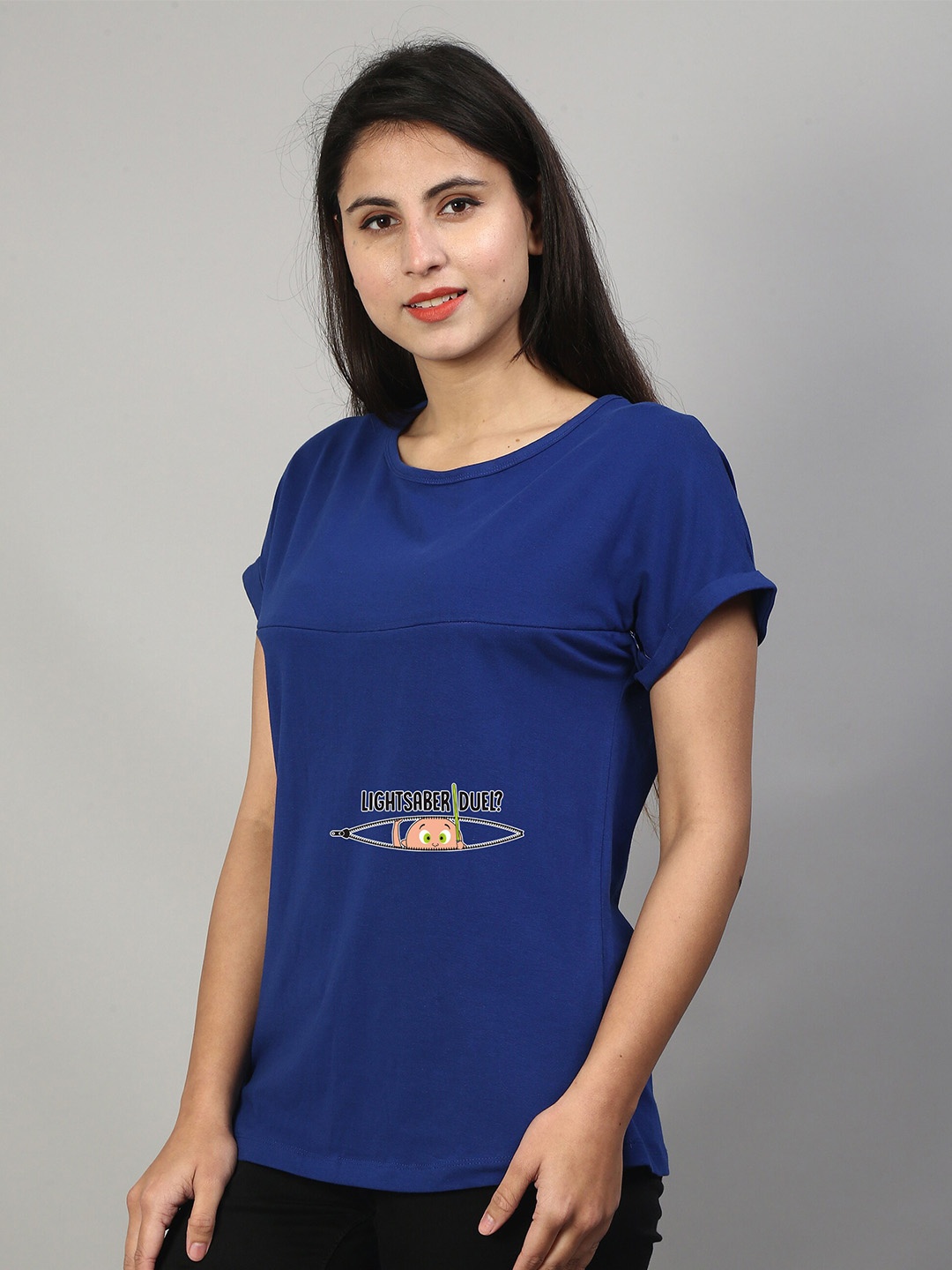 

SillyBoom Typography Printed Extended Sleeves Cotton Lycra Maternity Feeding T-shirt, Blue