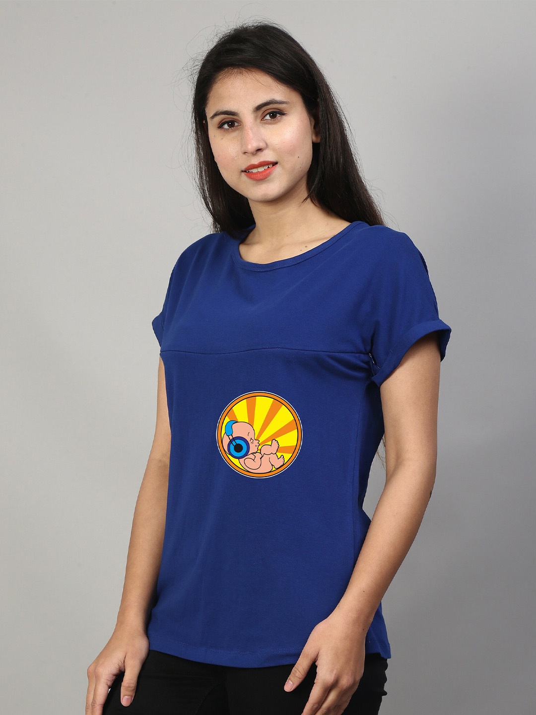 

SillyBoom Graphic Printed Round Neck Cotton Lycra Maternity Feeding T-shirt, Blue