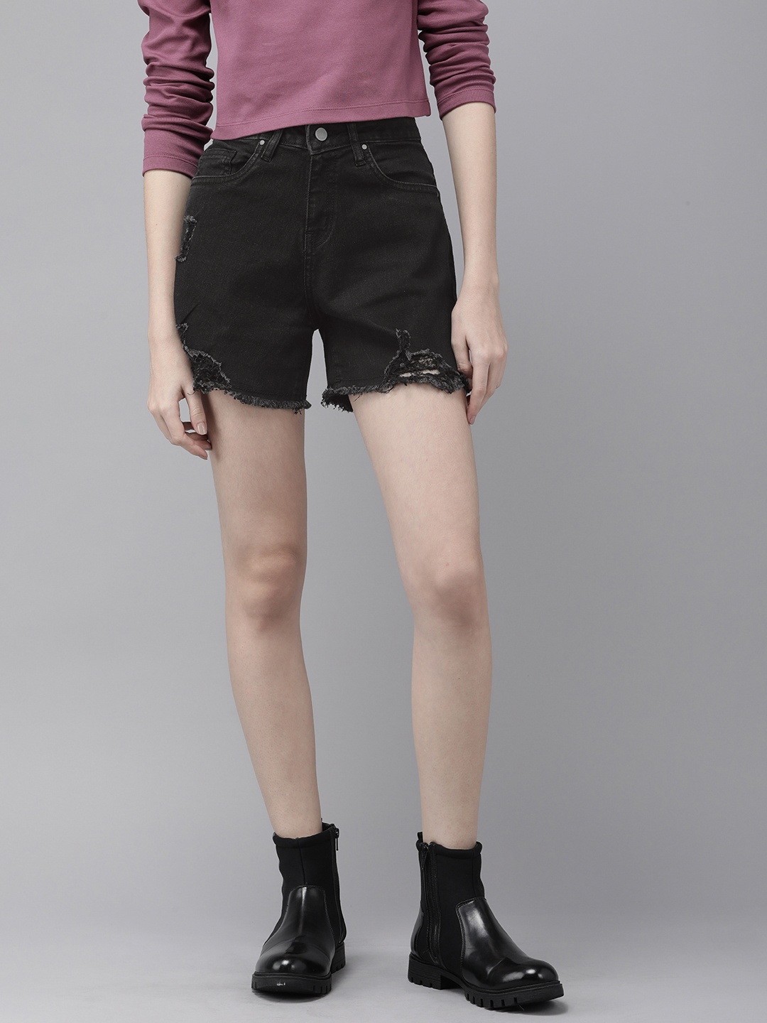 

Roadster Women Regular Fit High-Rise Denim Shorts, Black