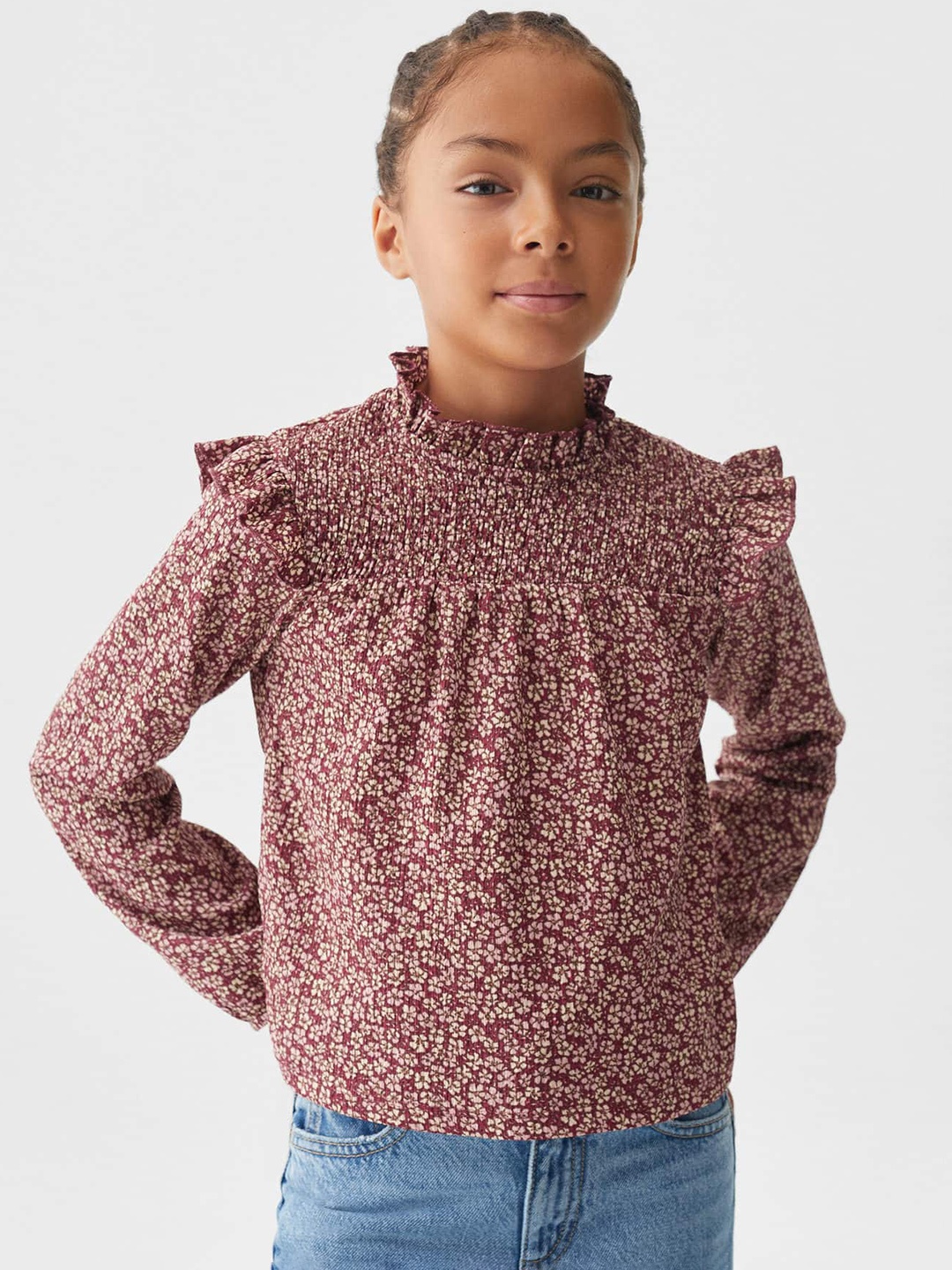 

Mango Kids Girls Floral Printed Ruffled & Gathered Detail Top with Smocked Effect, Magenta