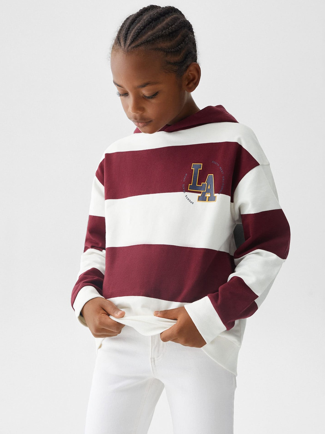 

Mango Kids Boys Striped Pure Cotton Hooded Sweatshirt, Burgundy