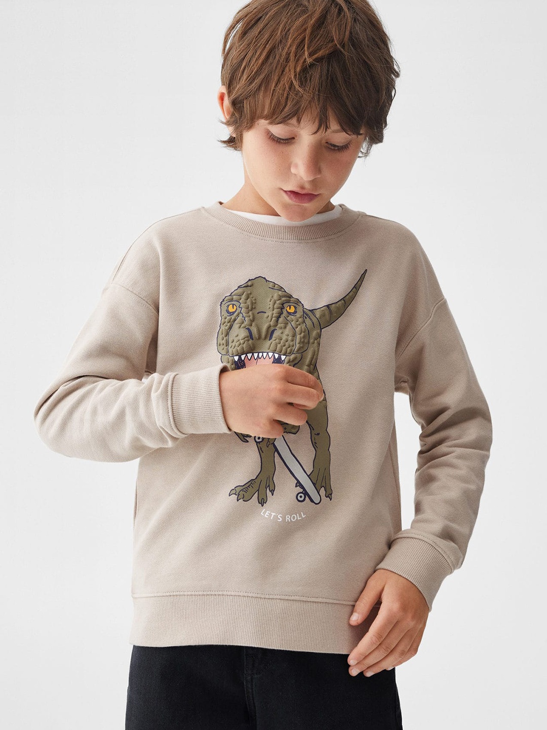

Mango Kids Boys Cotton Graphic Printed Sweatshirt With Textured Detail, Beige