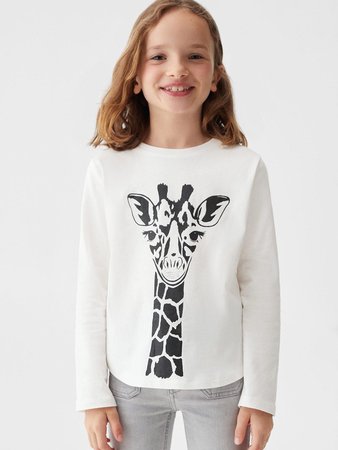 

Mango Kids Girls Pure Cotton Giraffe Printed T-shirt, White