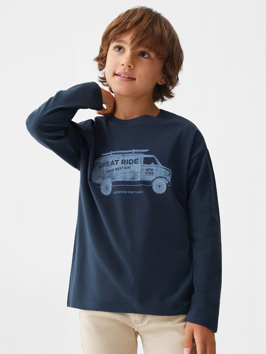

Mango Kids Boys Printed Drop-Shoulder Sleeves Pure Cotton T-shirt, Navy blue