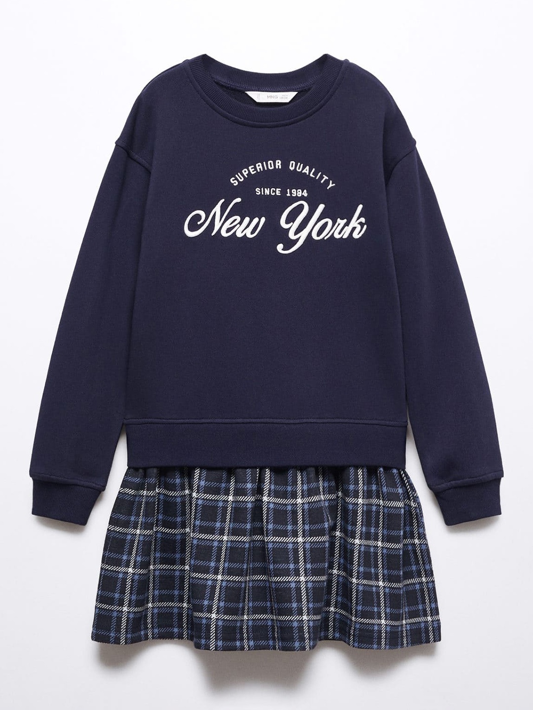 

Mango Kids Girls Typography Embroidered Checked Sweater Dress, Navy blue