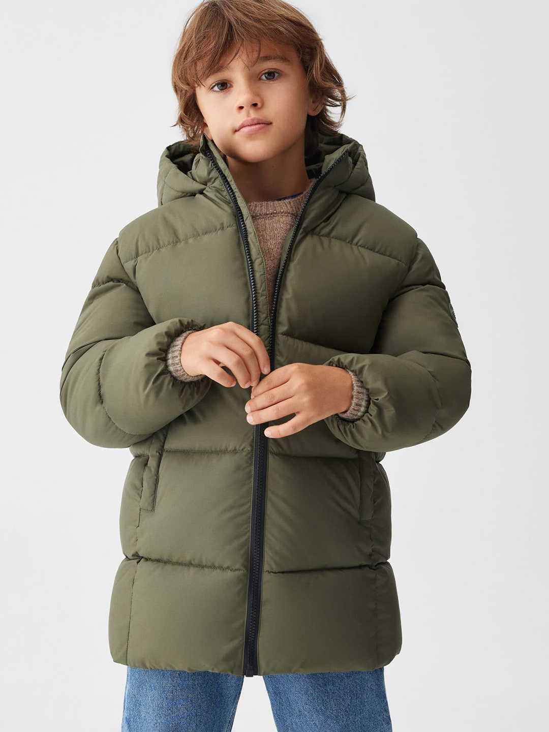 

Mango Kids Boys Longline Hooded Padded Jacket, Olive