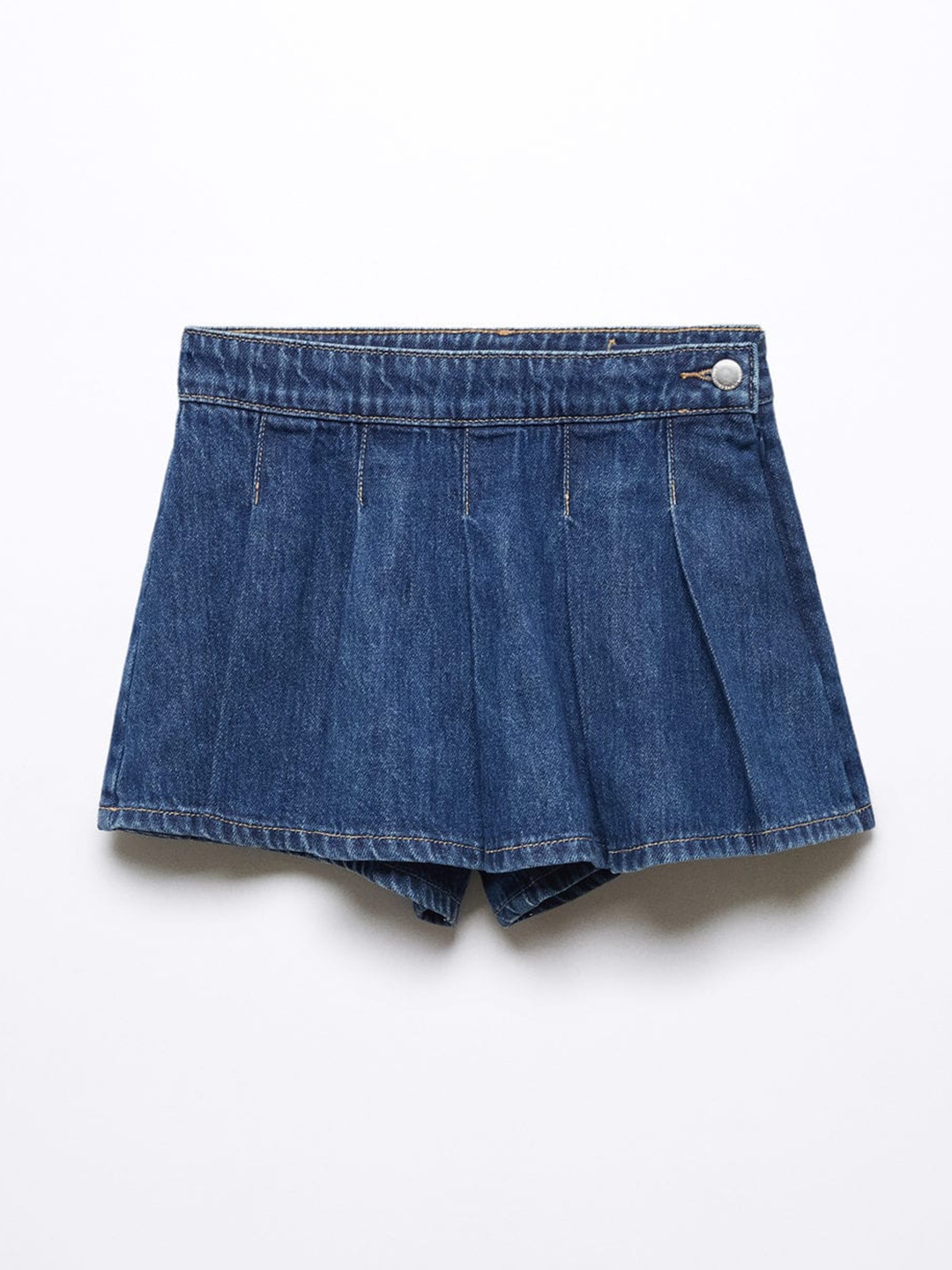 

Mango Kids Girls Mid-Rise Washed Effect Pleated Detail Pure Cotton Denim Skorts, Navy blue