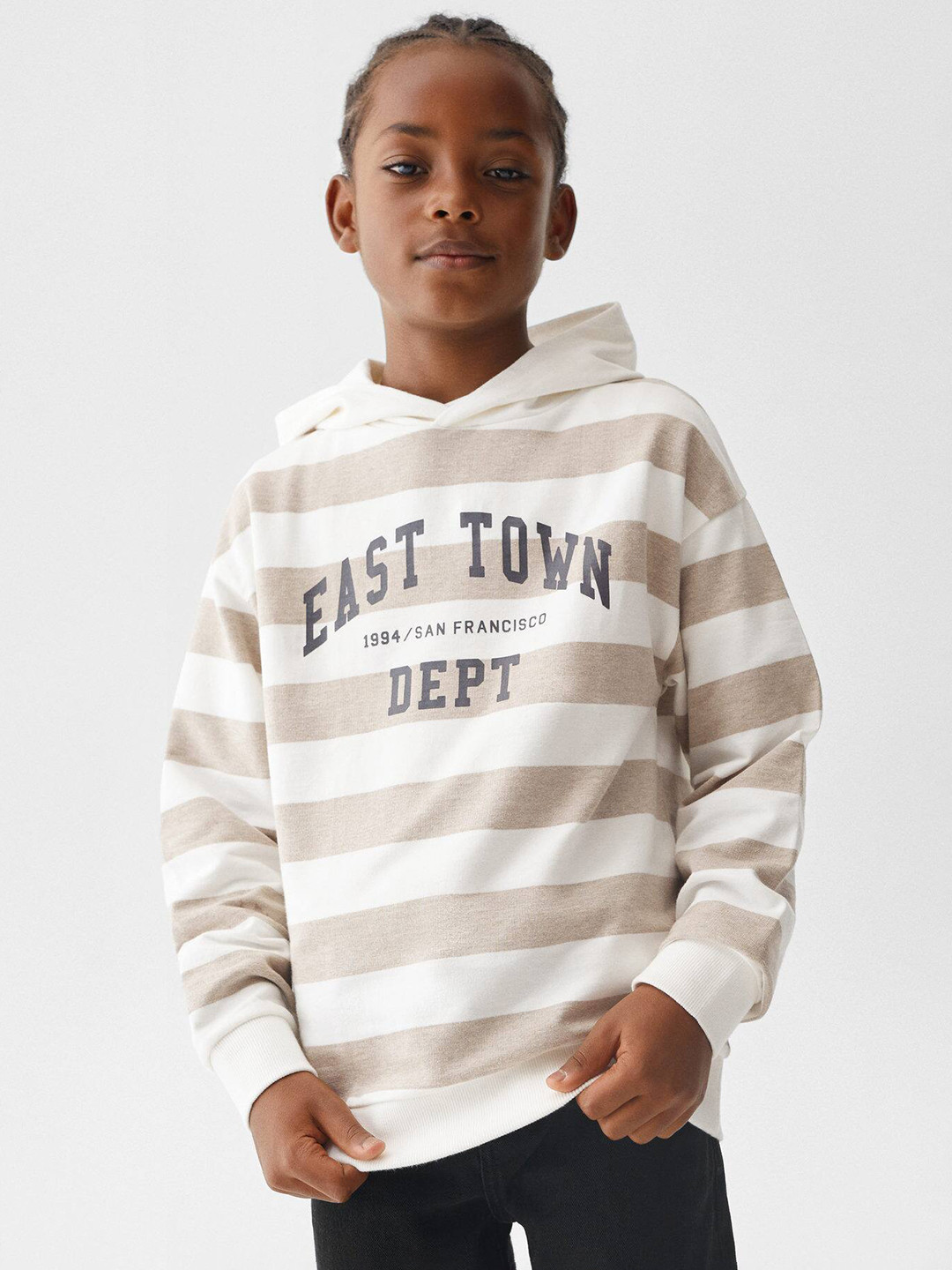 

Mango Kids Boys Striped Pure Cotton Hooded Sweatshirt, Beige