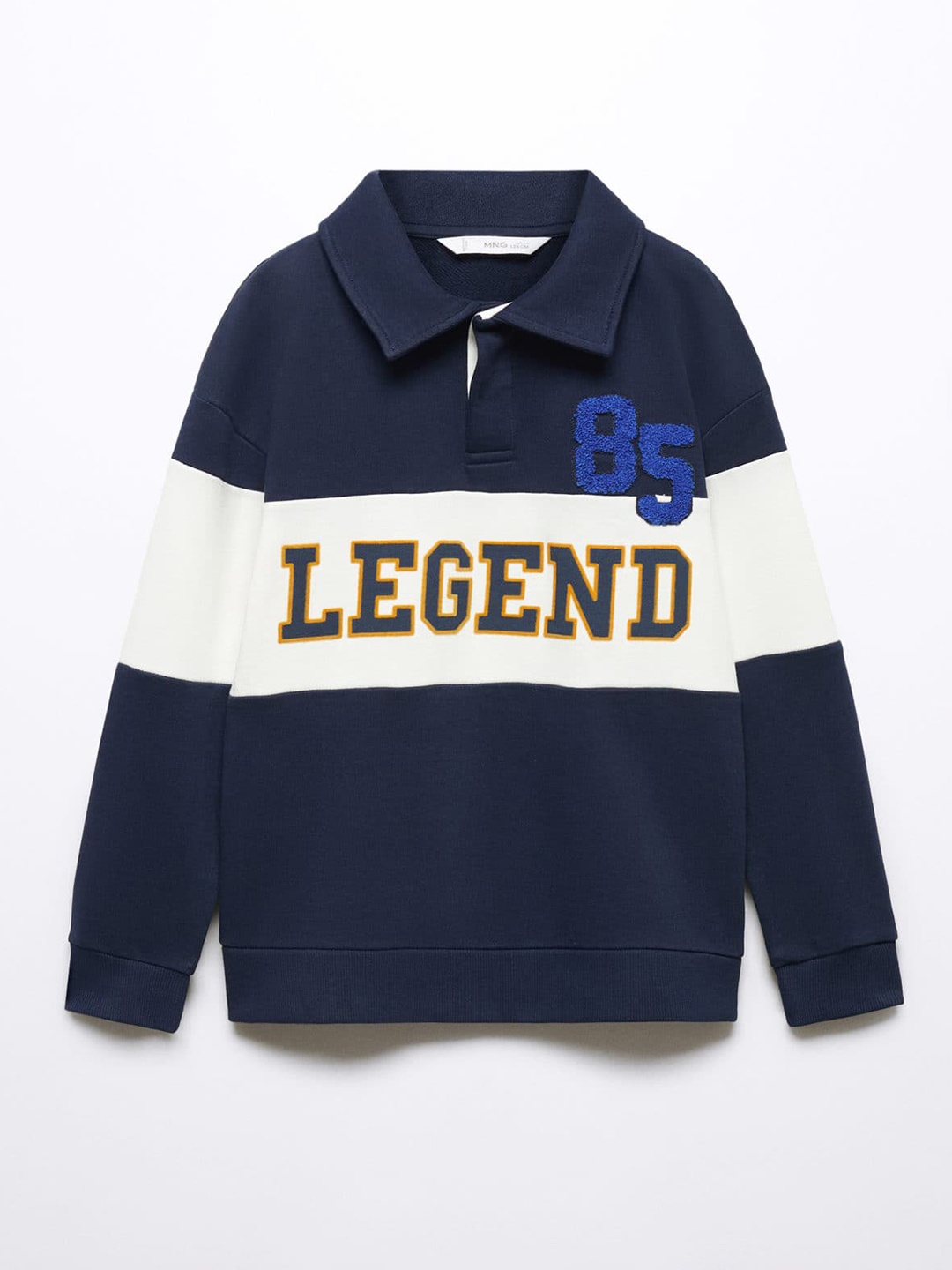 

Mango Kids Boys Cotton Typography Printed Applique Detail Sweatshirt, Navy blue