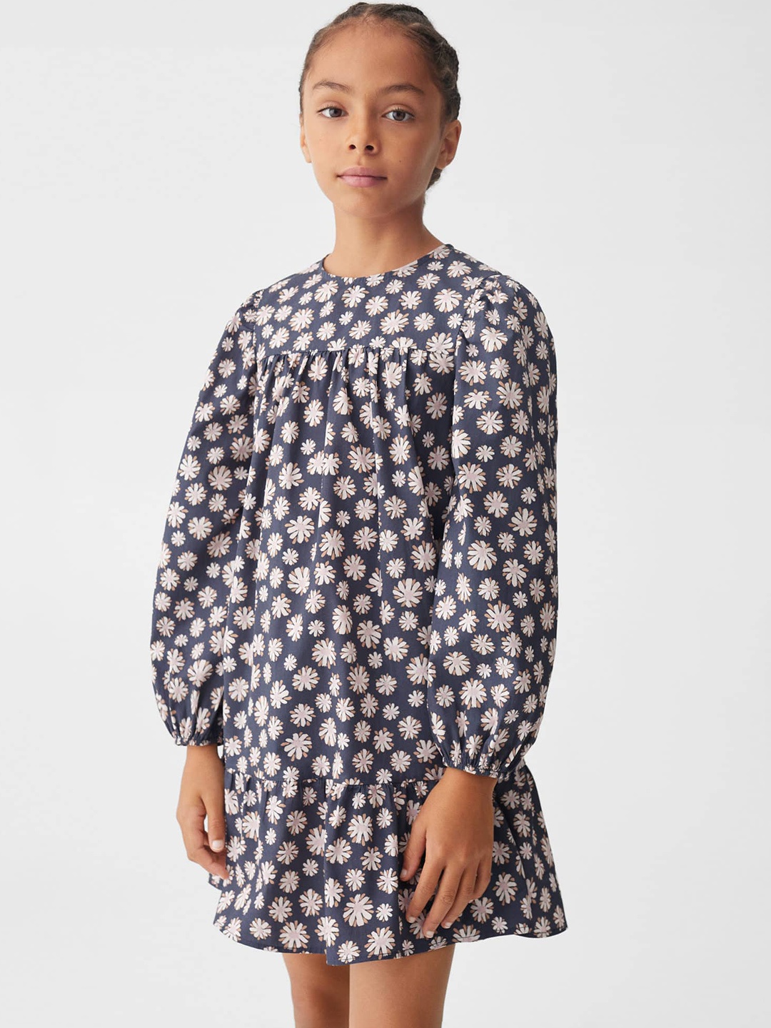 

Mango Kids Girls Cotton Floral Print Puff Sleeve A-Line Dress, Grey