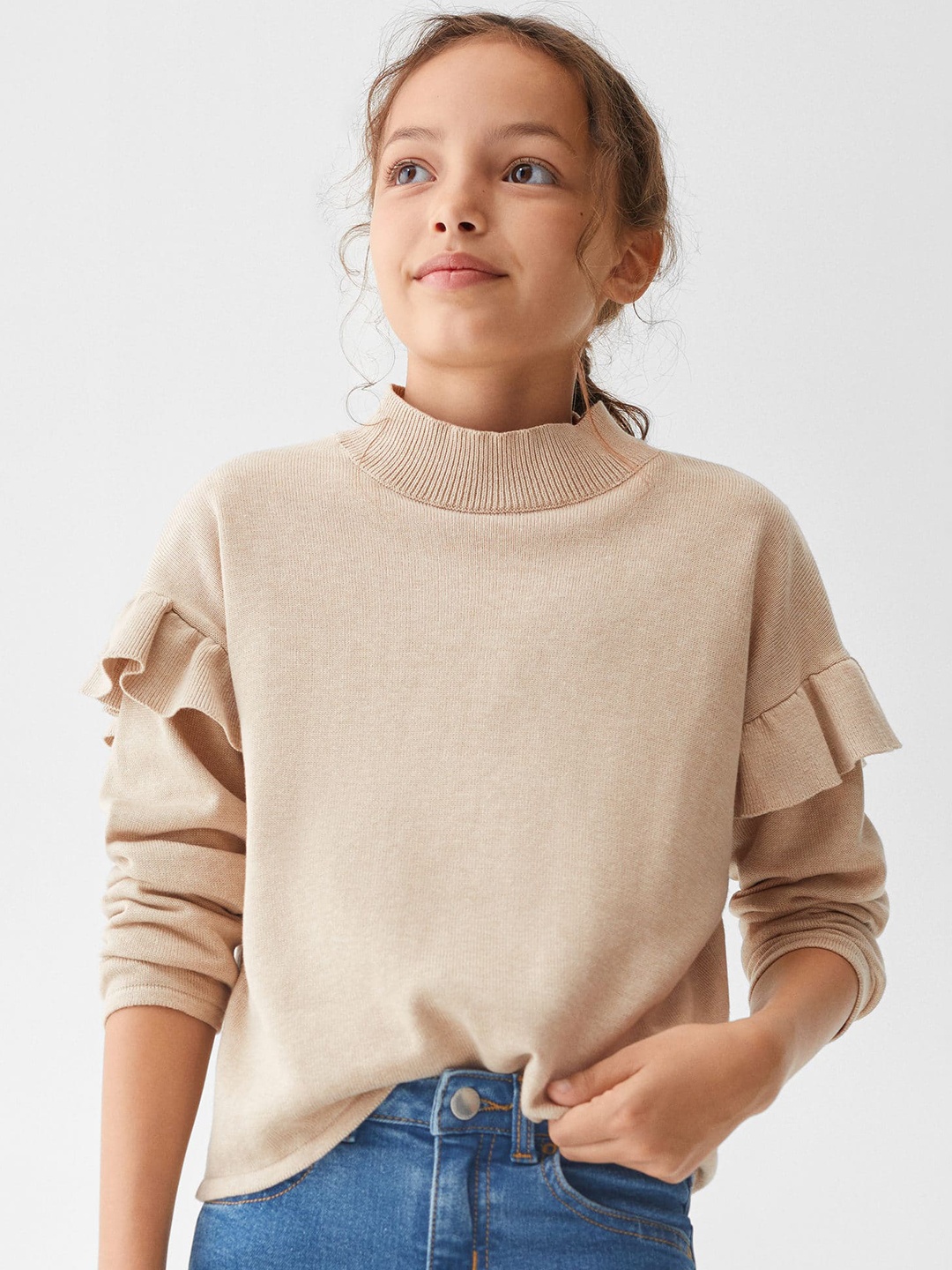 

Mango Kids Girls Turtle Neck Pullover with Ruffled Detail, Beige